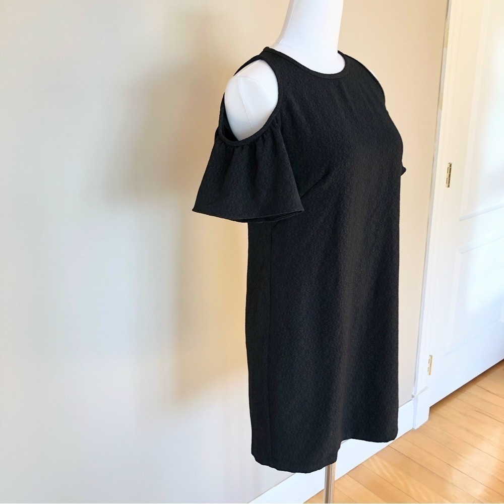 Lbd black mini shift dress short bell sleeve cold shoulder S